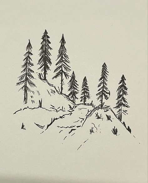 Tree And Mountain Drawing, Pine Tree Simple Drawing, Aspen Tree Sketch, Mountains And Trees Drawing, Outdoorsy Sketches, Landscape Doodles Easy, Outside Drawing Ideas, Field Of Flowers Drawing Pencil, Easy Tree Sketch