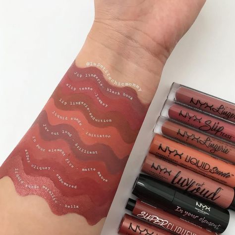 We love a good swatch! 😘 @lapetitechicmommy swatches some of her favorite lippies! 💄 From top to bottom: Lip Lingerie in 'Black Book' from Set 4 • Slip Tease Full Color Lip Oil in 'Low Key' • Lip Lingerie in 'Seduction' • Liquid Suede Cream Lipstick in 'Initiator' • Luv Out Loud in 'Brilliant' • In Your Element (Fire) in 'Matte Mauve' • Super Cliquey Matte Lipstick in 'Empowered' • Liquid Suede Metallic Matte in 'Bella' ♥ What's your favorite #NYXProfessionalMakeup lip product? || #... Lipgloss Swatches, Lipstick Tattoos, Lip Gloss Balm, Natural Lipstick, Bottom Lip, Nyx Makeup, Lip Swatches, Lipstick Collection, Cream Lipstick