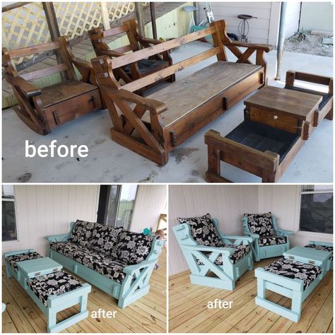 Refurbish Patio Furniture, Wood Couch Makeover, Repurposed Couch, Wood Couch, Furniture Remodel, Couch Makeover, Wooden Couch, Furniture Remodeling, Diy Outdoor Furniture Plans