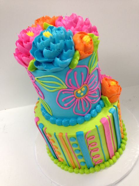 Flowers Cake Ideas, 2 Tier Buttercream Cake, Stacked Cake, White Flower Cake Shoppe, Colorful Cake, Cake Decorating Designs, Classic Cake, Just Cakes, Colorful Cakes