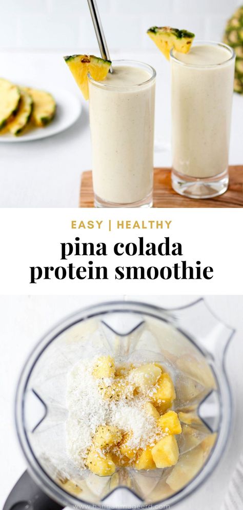 Feel like you’re on a tropical vacation with this Pina Colada Smoothie recipe! This smoothie recipe is fun refreshing, and packed with nutritious ingredients and tropical flavour. Gluten-free with vegan option. #pinacolada #pinacoladasmoothie #smoothierecipe #glutenfree #vegan #protein #proteinsmoothie #breakfastsmoothie #healthybreakfast #healthysnack #pineapple #coconut #smoothie Coconut Milk Protein Smoothie, Smoothie Recipes Pina Colada, Pina Colada Protein Shake, Dairy Free Protein Smoothies, Tropical Protein Smoothie, Pina Colada Protein Smoothie, Healthy Tropical Smoothie Recipes, Pina Colada Smoothie Healthy, Healthy Pina Colada Smoothie