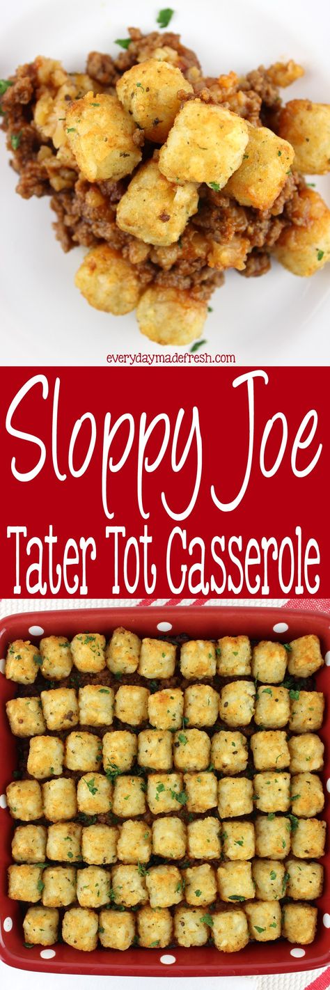 Who doesn't love a good sloppy joe? A easy to make homemade sloppy joe sauce makes this Sloppy Joe Tater Tot Casserole delicious and family pleasing! | Everydaymadefresh.com Casseroles Vegetarian, Casseroles Dinners, Casseroles Healthy, Dinners Casseroles, Spaghetti Casseroles, Freezable Casseroles, Sloppy Joe Tater Tot Casserole, Casseroles Chicken, Casseroles Easy