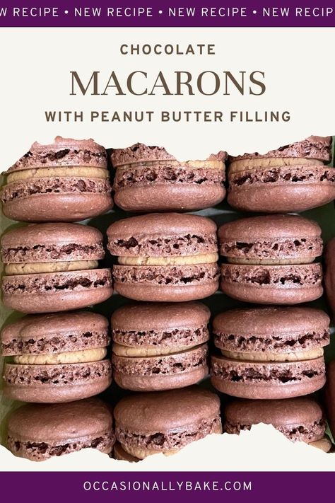 Chocolate macarons with peanut butter filling. Peanut Butter Macarons, Homemade Chocolate Peanut Butter, Chocolate Macarons, French Macaroons, Baking Recipe, Peanut Butter Filling, Macaron Recipe, Recipe Blog, Baking Mat