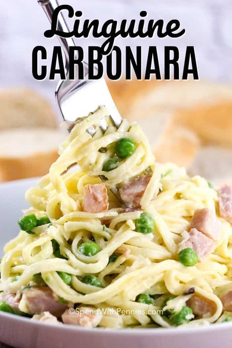 This is an easy version of a carbonara made with ham, peas and linguine. This easy recipe is one my kids have always loved! #spendwithpennies #carbonara #pastarecipe #familyrecipe Linguine Carbonara, Light Foods, Weekly Menu Plan, Linguine Recipes, Creamy Parmesan Sauce, Pasta Meals, Carbonara Recipe, Carbonara Pasta, Creamy Parmesan