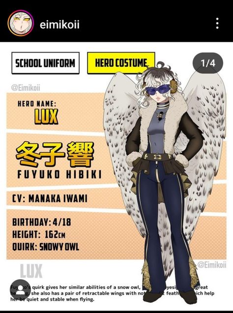 Mha Winged Oc, Mha Oc With Wings, Mha Oc Wings, Bnha Quirks Ideas, Winged People, My Hero Academia Costume, Mha Oc, Snow Owl, Candy Art