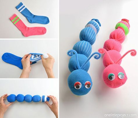 These no-sew sock worms are SO EASY to make and the kids love them! Or maybe they're sock caterpillars? Either way, this is such a fun kids craft and it's easy enough that the kids can actually make it themselves. It takes less than 10 minutes to make each one using just a few simple supplies from the dollar store. Such a fun way to use those mismatched socks! Sock Worm, Worm Craft, Worm Crafts, Mismatched Socks, Sock Puppets, Sock Dolls, Sock Toys, Sock Crafts, Sock Animals