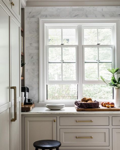 Miggy Mason + Roisin Giese on Instagram: “Adding new, larger windows to the kitchen in our #1895ColonialRevival project let light stream into the previously dark, divided space.…” Kitchen Cabinets Countertops, Colonial Kitchen, Cabinets Countertops, Radiant Floor Heating, New England Homes, Colonial Revival, Transitional Kitchen, Pantry Design, Kitchen Photos