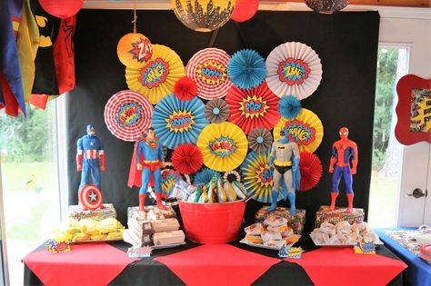 Loving the dessert table at this Superhero Birthday Party!! See more party ideas and share yours at CatchMyParty.com #superhero #desserttable Ironman Birthday Party, Ironman Birthday, Superhero Birthday Party Ideas, Avengers Birthday Party Decorations, Pop Art Party, Iron Man Birthday, Superman Party, Superheroes Party, Birthday Superhero