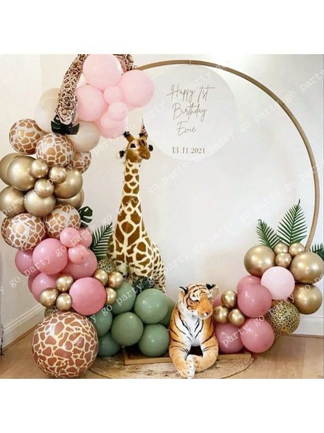 100pcs Jungle Animal Print Latex Balloons & Flower Garland Retro Green And Pink Balloons For Shower Birthday Decoration Hunting Party Supplies SetI discovered amazing products on SHEIN.com, come check them out! Pink Jungle Party, Animal Print Decorations, Ballon Art, Wild Birthday Party, Wild Party, Baby Baden, Zoo Party, Hunting Party