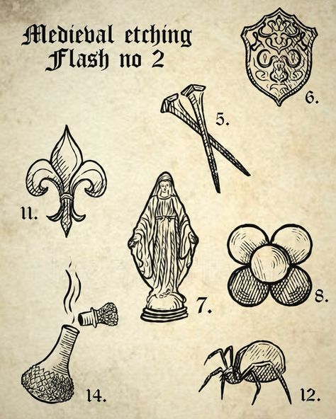 ⚔️ Medieval Flash Series ⚔️ I’m offering a new set of 15 mini flash designs, all original and inspired by medieval etching. Each piece captures the essence of old-world symbolism, from knights and armor to sacred motifs. Perfect for those who love detailed, timeless designs. I’m using these to train and refine my tattooing, and each flash is available for about 40€. DM if you’re interested in grabbing one of these unique pieces! #MedievalArt #FlashDesign #EngravingStyle #TattooFlash #... Small Medieval Tattoo, Medieval Tattoo Flash, Medieval Etching, Medieval Symbols, Flash Series, Key Drawings, Medieval Tattoo, Flash Designs, Flash Design