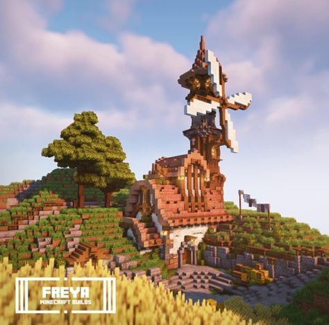 Mc Bee Farm, Sniffer Farm Minecraft, Minecraft L Shaped House, Steam Punk Minecraft Builds, Minecraft Rocks, Minecraft Ranch, Windmill Minecraft, Minecraft Steampunk, Minecraft Structures