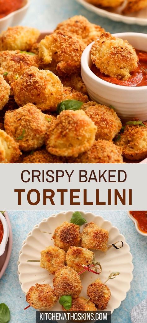 Learn how to make easy crispy tortellini in oven that's healthy and is one of the best tortellini recipes using cheese tortellini. If you have wondered what to make with tortellini pasta, then this is a perfect snack idea on a stick served with marinara, garlic parmesan sauce or ranch dressing for snack or appetizer for parties. Get this baked tortellini recipe at kitchenathoskins.com. Crispy Tortellini, Toasted Tortellini, Recipes Using Cheese, Tortellini Appetizer, Baked Tortellini Recipes, Easy Tortellini Recipes, Baked Tortellini, Tortellini Recipe, Veggie Bites