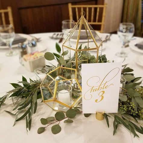 Loving the gold in these centerpieces with simple greenery accents!  #bellafloraweddings #chicagoweddings #chicagobride #weddinginspiration… Geometric Terrarium Wedding Centerpiece, Gold And Eucalyptus Centerpiece, Gold And Greenery Wedding Centerpieces, Geometric Table Centerpiece, Hexagonal Centerpieces, Gold Terrarium Centerpiece, Gold Geometric Centerpiece, Green And Gold Centerpieces, Gold Wedding Centerpieces Diy