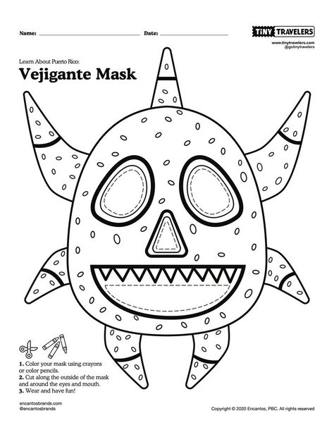 Even though the masks represent a villian type of character, they are still used in playful ways and shown in bright colors throughout celebrations. Can you bring your vejigante to life using bright, fun, and playful colors? Scroll down and click “download PDF” to download the free worksheet. Hispanic Heritage Activities, Vejigante Mask, Hispanic Heritage Month Crafts, Hispanic Heritage Month Activities, Pencils Color, Hispanic Art, School Age Activities, The Continents, Puerto Rico Art