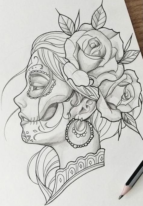 La Catrina Art, Catrina Drawing, Hispanic Tattoos, Catrina Tattoo, Tumblr Drawings, Tattoo Zeichnungen, Shoulder Tattoos, Sketch Tattoo Design, Cool Pencil Drawings