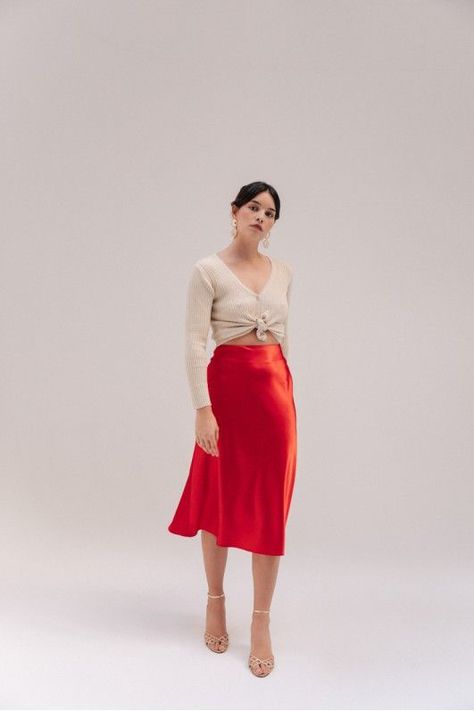 Musier Anne Skirt Red Midi Skirt Outfit, Red Satin Skirt, French Clothing Brands, Satin Skirt Outfit, Outrageous Fashion, Red Midi Skirt, French Outfit, Slip Skirt, Feminine Dress