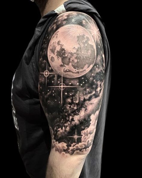 Galaxy Tattoo Ideas Universe, Mens Space Tattoos, Realistic Space Tattoo, Shoulder Space Tattoo, Moon And Planets Tattoo, Prufrock Tattoo, Moon Galaxy Tattoo, Galaxy Sleeve Tattoos For Women, Space Shoulder Tattoo