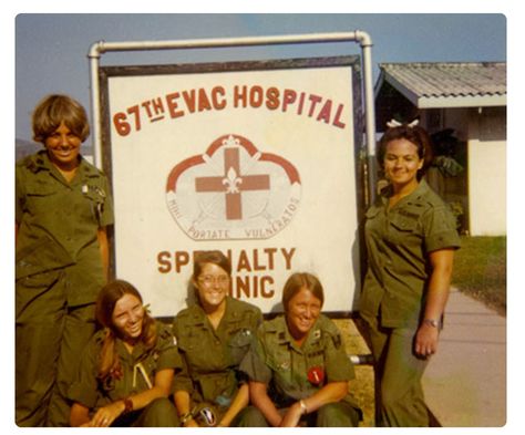 From left to right, Maureen Dwyer, Nancy Faller, Mary Faller, Mary Jo Rice, and Jaqui Nemitz Van Meter, stand in front of a "67th Evac Hospital Specialty Clinic" sign, circa 1970. The Women Kristin Hannah Aesthetic, Vietnam Nurses, Wilderness Medicine, Hannah Aesthetic, Air Force Nurse, Uniform Reference, Vintage Nursing, Field Hospital, Writing Room