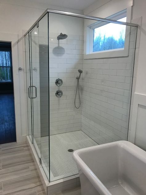 Whitefish Hills residence - Rustic - Bathroom - Other - by Stillwater Architecture L.L.C. | Houzz Stand Up Shower With Window, Shower With Window Remodel, Large Tub Shower Combo, Window In Shower Ideas, Freestanding Bathtub Ideas, Shower Pictures Ideas, Shower Combo Ideas, Bathroom Tub Shower Combo, Shower Pictures