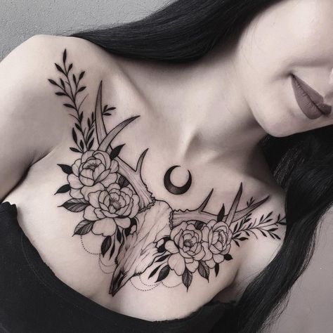 Gem Chest Tattoo, Chest To Neck Tattoo Female, Goth Neck Tattoos Women, Chest Tattoo Floral, Woman’s Chest Tattoo, Goth Chest Tattoo Female, Neck And Chest Tattoos For Women, Mandala Chest Tattoo Female, Full Chest Tattoos For Women