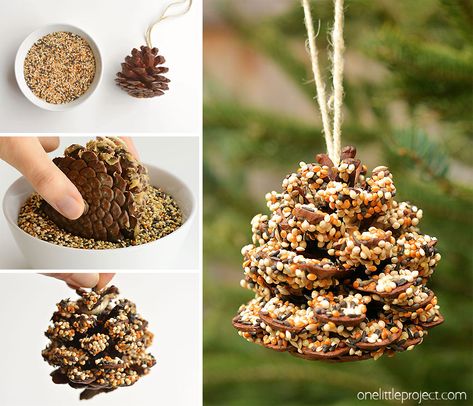 Bird Feeders For Kids To Make, One Little Project, Pine Cone Bird Feeder, Juleverksted For Barn, Bird Seed Ornaments, Bird Feeder Craft, Homemade Bird Feeders, Diy Bird Feeder, Cones Crafts