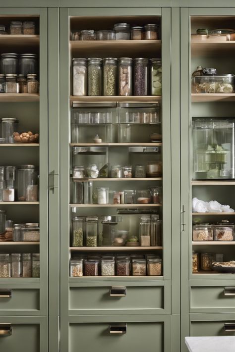 Organized pantry shelves filled with various jars and containers of dry goods and spices. Green Pantry Cabinets, Pantry Cabinets In Kitchen, Pantry Cabinet Organization Ideas, Built In Pantry Cabinet Wall, Pantry Cabinet Organization, Amazing Pantry, Green Pantry, Pantry Cabinet Ideas, Cabinet Organization Ideas