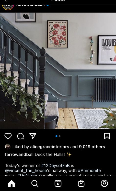 Half Panelled Hallway, Dusty Blue Hallway, Navy Bannister, Colorful Entrance Hall, Blue Panelling Hallway, Navy Staircase Banister, Stair Panelling Colour Ideas, Navy Blue Stair Railing, Navy Stairs