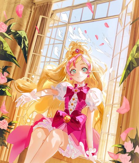 Go Princess Precure, Princess Precure, Twitter Art, Magical Girl Aesthetic, Aqua Eyes, Anime Drawing Books, Multicolored Hair, Flower Choker, Human Poses Reference