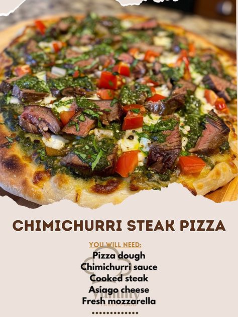 🍕🌿 Transform your pizza night with this Chimichurri Steak Pizza with Asiago and Fresh Mozzarella! #SteakPizzaRevolution Chimichurri Steak Pizza Ingredients: Pizza dough (1 lb) Chimichurri sauce (1/2 cup) Cooked steak, thinly sliced (1 cup) Asiago cheese, shredded (1/2 cup) Fresh mozzarella, sliced (1 cup) Instructions: Roll out dough, spread chimichurri as the base. Top with steak, Asiago, and mozzarella. Bake at 475°F for 12-15 minutes. 🥩🧀 A fusion of bold flavors and melty cheeses on a cr... Chimichurri Pizza, Gourmet Pizza Recipes, Mozzarella Bake, Chimichurri Steak, Beef Pizza, Pizza Oven Recipes, Egg Pizza, Steak Pizza, Chuck Steak