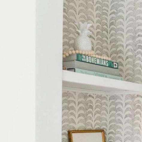 Rebecca Atwood Home Textiles on Instagram: "We love the idea of putting wallpaper inside shelving for a little bit of pattern in your space. Thank you for sharing and using our Dotted Palms Wallpaper, @ivoryandbone! #rebeccaatwood #RAwallpaper #RAatHome" White Family Rooms, Palms Wallpaper, Rebecca Atwood, Palm Wallpaper, Home Textiles, All Paper, Home Textile, Our Love, Family Room