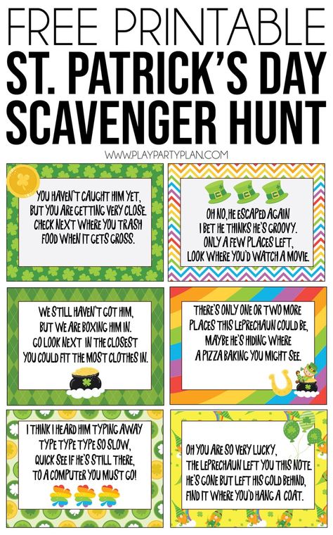 This St. Patrick's Day scavenger hunt is one of the best party activities for kids! Simply print out the printable clues, hide around the house, and leave with favors at the end for magical fun! Preschool Scavenger Hunt, Scavenger Hunt Riddles, Sant Patrick, Easter Party Games, St Patrick Day Treats, St Patricks Day Crafts For Kids, St Patrick Day Activities, Scavenger Hunt For Kids, Printables For Kids