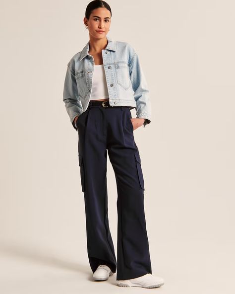 Women's Cropped Denim Jacket | Women's Coats & Jackets | Abercrombie.com Denim Jacket Business Casual, Crop Denim Jacket Outfit Women, Denim Jacket For Women, Crop Jeans Jacket Outfit, Light Blue Denim Jacket Outfit Women, Light Jean Jacket Outfit, Crop Denim Jacket Outfit, Black Cropped Jacket Outfit, Light Denim Jacket Outfit