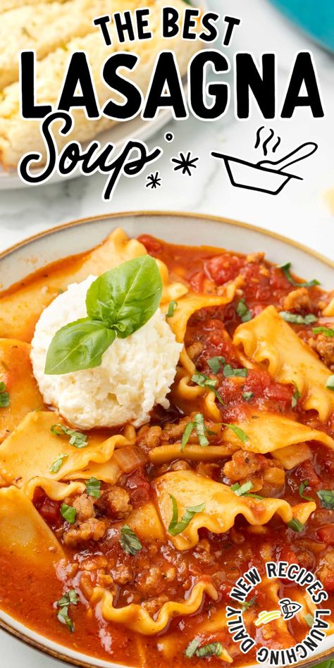 Our homemade lasagna soup is loaded with tomato broth, pasta, and melty cheese to create the perfect comfort food. Easy Lasagna Soup, Best Lasagna, Soups Recipes, Lasagna Soup Recipe, Lasagna Noodles, Homemade Lasagna, Homemade Dinner Rolls, Lasagna Soup, Comfort Dishes