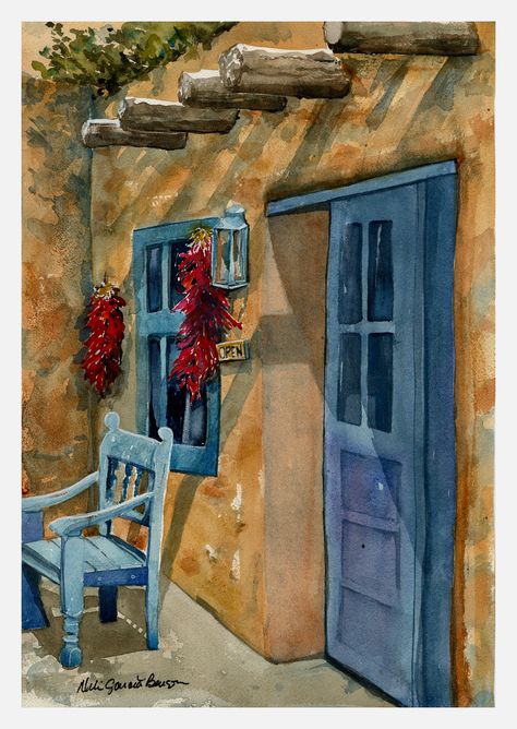 "\"Southwestern Adobe with Turquoise Door and Chair\"  captures the feel of an old Adobe structure decorated with Red Chili Garlands and Turquoise Chair. Additional sizes available upon request Quality Giclee Print on Heavy Velvet Art Paper Mat and Frame not included" Southwest Art Paintings, New Mexico Art, Santa Fe Art, Wall Flowers, Southwestern Art, Oil Pastel Paintings, Mexico Art, Art Corner, Southwest Art