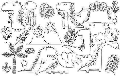 doodle of Cute dinosaurs and tropic plants. Funny cartoon dino set. Hand drawn vector doodle set for kids Plants Funny, Cute Dinosaurs, Vector Doodle, Hand Drawn Vector, Cute Dinosaur, Doodle Drawings, Funny Cartoon, Art Book, Bag Tags