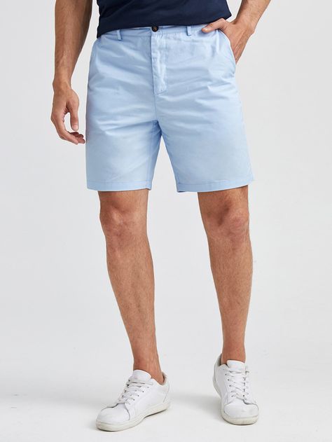 Celeste Casual Collar  Tela Liso Bermuda Embellished No-Elástico Primavera/Verano/Otoño Bottoms de hombres Blue Shorts Outfit, Poses Modelo, Shein Men, Blue Shorts Men, Mens Shorts Outfits, Outfits Hombre, Mens Denim Short, Blue Shorts, Summer Fall