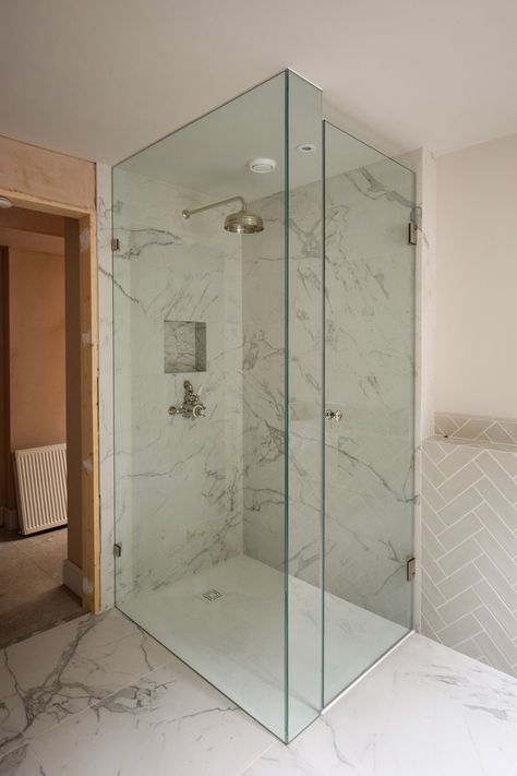 Bespoke Hinged Shower Door from Creative Glass Studio. Shower With Three Glass Walls, Single Door Shower Ideas, Small Glass Shower Ideas, Shower Glass Door Ideas, Furniture Reference, Shower Alcove, Sliding Shower Screens, Glass Showers, Japandi Bathroom