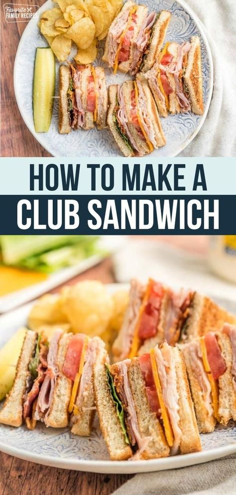 How to Make a Club Sandwich. One of the most popular sandwiches for lunch is the club sandwich. A club sandwich layers turkey, ham, bacon, cheese, lettuce, and tomato between three layers of toasted bread. Cut the sandwich in fourths and hold each fourth together with a toothpick for easy serving and eating. Ham And Turkey Club Sandwich, Toasted Club Sandwich, Fancy Club Sandwich, Ultimate Club Sandwich, English Cheese And Pickle Sandwich, Club Sandwiches Recipes, Dinner Sandwich Recipes Healthy, Easy Club Sandwich Recipes, Turkey Bacon Club Sandwich