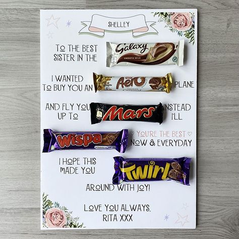 Key Features:Personalise with their name and a special messagePacked full of childhood favouritesPerfect for Christmas, birthdays, and moreWant a special present for that most special person, your sister? Spoil your sibling with this sweet message of affection, a special sister themed chocolate board. Featuring Galaxy, Aero, Mars, Wispa and Twirl - all arranged in a fun poem - you can also personalise with their name and a special message. Great for Christmas, birthdays, or any occasion you like - any excuse for more chocolate! Personalisation:Personalise the board with two lines of text of up to 20 characters for the top line, and up to 50 characters for the bottom linePersonalisation will appear in fixed upper casePersonalisation will appear exactly as entered, please double check before Chocolate Boards, Chocolate Board, Form Board, Unique Engagement Gifts, Personalised Chocolate, Wedding Chocolate, Birthday Chocolates, Christmas Gifts For Sister, Sister Christmas