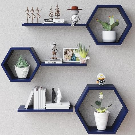 Office Decor Navy, Hexagon Floating Shelves, Blue Shelves, Shelves For Living Room, Floating Shelves Wall, Shelves Display, Wood Hexagon, Honeycomb Shelves, Hexagon Shelves