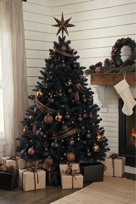 For a cozy and rustic Christmas tree, try a black tree with copper accents. Warm white lights create a soft glow, while copper ornaments bring that earthy charm. This look is ideal if you love a grounded, natural feel. Could copper and black be your go-to holiday combo? Black Decorations Christmas Tree, Industrial Christmas Tree Decorations, Copper Christmas Tree Decor, Moody Christmas Tree Decor, Black Xmas Tree Ideas, Black Christmas Theme, Black Tree Decorating Ideas, Real Christmas Tree Ideas, Copper Christmas Tree Color Schemes