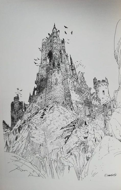 2019-05-24 Jean Giraud Moebius, Environment Sketch, Arte Zombie, Jean Giraud, Landscape Sketch, Perspective Art, Perspective Drawing, Fantasy Castle, Fantasy Art Landscapes