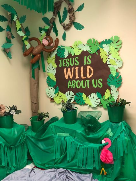 Vbs 2024 Wildlive, Safari Theme Diy Decorating Ideas, Jungle Decorations Diy Safari Theme, Zoo Vbs Decorations, Wild About Jesus Trunk Or Treat, Jungle Vacation Bible School, Jungle Safari Vbs Decorations, Vbs Safari Theme Decorations, Wild Live Vbs Decorations