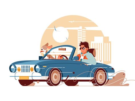 Man with dog go on trip by car by Kit8 on Dribbble Man With Dog, Flat Design Illustration, Male Character, Man And Dog, Car Illustration, Character Poses, Car Drawings, Handsome Man, Illustration Sketches