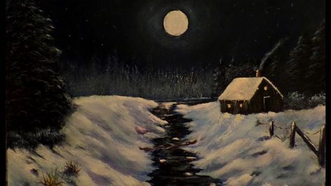 Winter Night Acrylic Painting, Log Cabin Painting Acrylic Easy, Log Cabin Painting Easy, Winter Cabin In The Woods, Cabin By The Lake, Hill Painting, Acrylic Landscapes, Winter Paintings, Acrylic Ideas