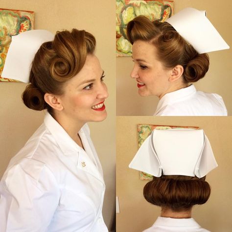 Zoe had to wear a traditional 1940s nurse's uniform for her nursing school graduation ceremony, so she asked me to help her look authentic.  destinee@vinspireme ~ instagram.com/vinspireme ~ facebook.com/vinspirestyling ~ vinspire.me Cabelo Pin Up, Graduation Hairstyles With Cap, Cap Hairstyles, Nurse Hairstyles, Pinning Ceremony, 1940s Hairstyles, Vintage Nurse, Graduation Hairstyles, Pin Up Hair