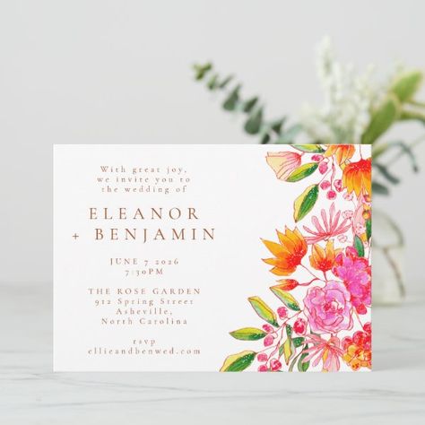 Modern Pink and Orange Watercolor Floral Wedding Invitation Orange And Pink Wedding, Orange Wedding Invitations, Colorful Wedding Invitations, Orange Watercolor, Garden Wedding Invitations, Watercolor Floral Wedding Invitations, Orange Wedding, Floral Wedding Invitation, Beautiful Wedding Invitations