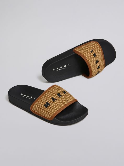 Black raffia sandal | Marni Raffia Sandals, Woven Raffia, Slides Sandals, Shoes Collection, Womens Slides, Slides Shoes, Shoe Collection, Official Store, Slip On Sandal