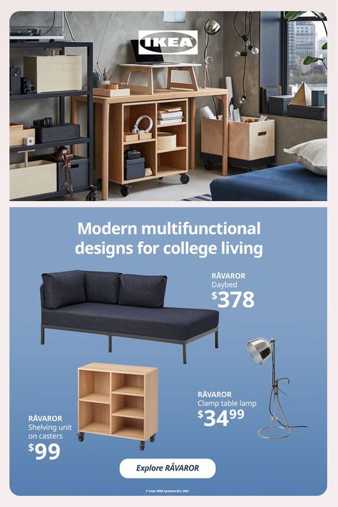 Multifunctional furniture makes college life easier. A sofa that’s also a bed. A dining table that’s a desk. A bench that’s storage. Start multitasking now with RÅVAROR, a stylish collection of high-quality, multifunctional furnishings that let you make yourself at home in the smallest spaces, like dorms and shared college apartments. College Apartments, Ikea Products, College Living, Ikea Home, Blue Sofa, Multifunctional Furniture, Functional Furniture, Small Space Living, Make Yourself