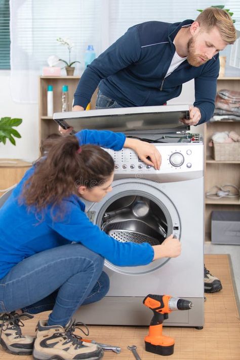 Woman and man repairing washing machine together stock image Vector Technology, Washing Machine, Vector Free, Stock Images, Repair, Electronics, Stock Photos, Technology, Quick Saves